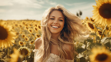 A Beautiful Woman Walks In A Sunflower Field. Ai Generative.