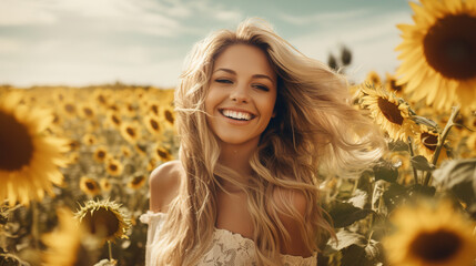 A beautiful woman walks in a sunflower field. Ai generative.