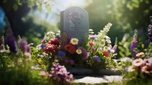 Cemetery, Tombstone With Flowers, Sunny Summer Day, Green Grass. Bright Memory, Sadness, Funeral And Burial Ceremony.