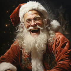  Santa Claus in glasses and hat laughs and wishes you Merry Xmas and Happy New Year over dark background with lights around