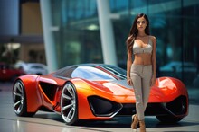 A Futuristic Sportscar Presented By A Hot Lady.