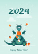 © Margarita - Chinese new year 2024. Cute green baby dragon with gift. Symbol of astrological horoscope.Winter snowy mascot wearing beanie. Greeting card to celebrate Christmas and holidays.