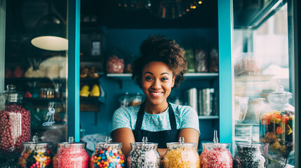 black woman working at a candy shop