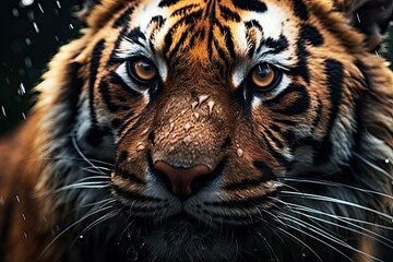 Wall Mural - The fierce beauty of a tiger captured in a close-up portrait, with its powerful gaze and majestic presence, exemplifying the wild and endangered big cat