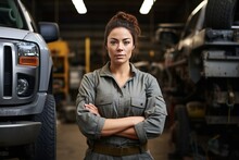 A female car mechanic in work clothes stands next to a car on a lifting platform Generative AI