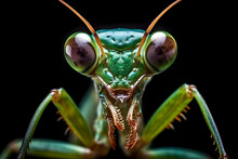 Close Up Of A Green Praying Mantis Isolated On Black Background With Water Drops, Macro Lens Photography