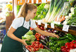 © JackF - Focused fifteen-year-old girl who works part-time in a store as a trainee saleswoman puts green pepper on showcase