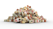 Big Pile Of Bundles Of 50 British Pound Sterling Notes. 3d Rendering Of Stacks Of Cash