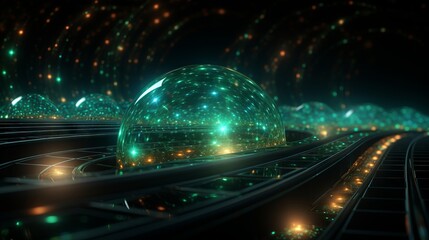Wall Mural - an abstract technology background with green tunnel. generative ai.