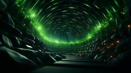 Wall Mural - an abstract technology background with green tunnel. generative ai.