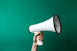 © Canities - Hand holding megaphone isolated on green background with copyspace. Advertisement mock up, clip art, announcement and communication creative banner background concept