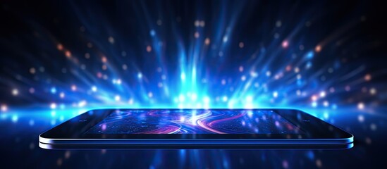 Canvas Print - Dark blue background with bright lights showcasing an abstract tablet PC and smartphone