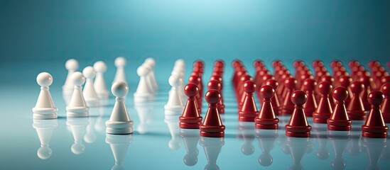 Poster - Digital online teamwork leadership and web community concept illustrated by a red leader and a group of connected white pawns on a blue background