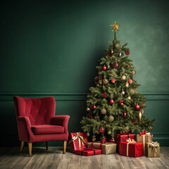 Wall Mural - Christmas tree in a cozy room with gift boxes