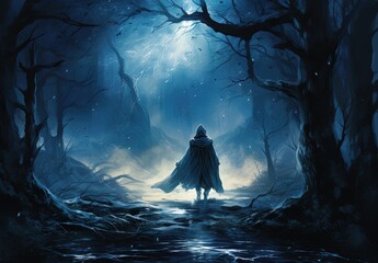 Wizard in magical forest with blue fog, fantasy and fiction concept. Generative AI