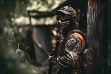 Portrait of a man paintball player in the forest. training, team building