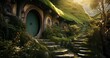 Landscape with hobbit house in the county, fantasy and fiction concept. Generative AI