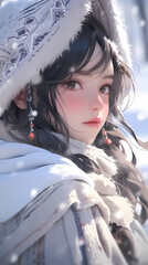 Wall Mural - Hand drawn cartoon illustration of beautiful girl in winter
