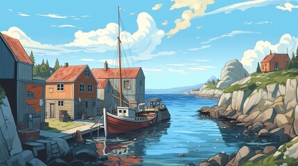 Wall Mural - Quaint seaside fishing village. Fantasy concept , Illustration painting.