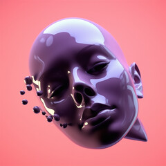 Sticker - Abstract surrealistic 3D illustration of a glossy female head with colorful floating spheres around it on a pink pastel background.