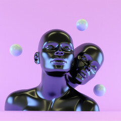 Aufkleber - Abstract surrealistic 3D illustration of a glossy female head with colorful floating spheres around it on a pink pastel background.