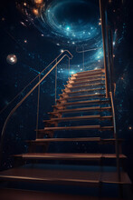 Surreal Staircase Leading Up To The Starry Sky. 3d Rendering, Abstract Concept