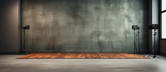 Empty studio with wooden floor and concrete backdrop perfect for product photography