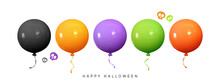Set Of Round Helium Balloons Black And Orange, Purple, Green Colors. Halloween Balloons Isolated On White Background. Festive Element In Realistic 3d Design. Decor For Halloween. Vector Illustration