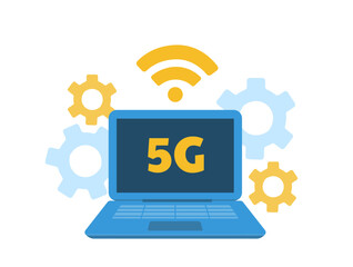 Poster - 5g device laptop concept. modern gadget for wireless connection. coghweels near electrical equipment