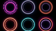 Set Of Glowing Neon Color Circles Round Curve Shape With Wavy Dynamic Lines Isolated On Black Background Technology Concept. Circular Light Frame Border. You Can Use For Badges, Price Tag, Label