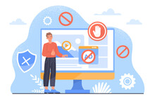 Stop web advertising concept. Man near computer monitor without ads in browser or at webpage. Protection for pc from banners and posters on Internet. Cartoon flat vector illustration