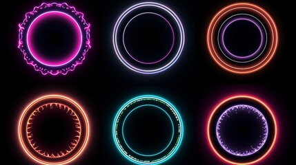 set of glowing neon color circles round curve shape with wavy dynamic lines isolated on black backgr