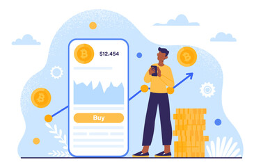 Aufkleber - Man with blockchain technology concept. Young guy near smartphone with cryptocurrency. Economy, investing and traiding. Trader with bitcoins near phone. Cartoon flat vector illustration
