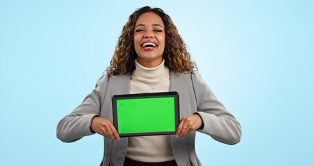 Canvas Print - Face, business woman and green screen on tablet for advertising space, sign up offer or tracking markers in studio. Portrait, happy worker and laugh with digital mockup information on blue background