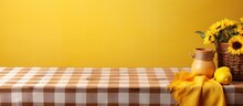 Brazilian Summer Harvest Festival Concept With Empty Wooden Table And Tablecloth Over Yellow Background Design And Product Display Mock Up