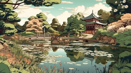 Wall Mural - Serene Japanese gardens. Fantasy concept , Illustration painting.