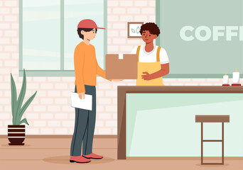 Poster - Delivery service concept. Young guy in orange sweater with red cap in coffee shop. Courier and business owner. Online shopping and fast delivery of goods. Cartoon flat vector illustration