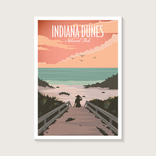 Indiana Dunes National Park Poster Illustration, Beautiful Lake Beach Scenery Poster Design
