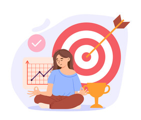 Poster - Stay focused concept. Woman in lotuis position at background of target with arrow. Graph and diagram, golden cup. Motivation and aspiration, successful employee. Cartoon flat vector illustration