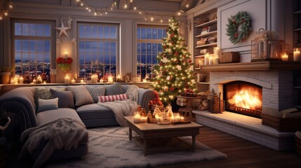 fireplace with Christmas decorations  in room generated by AI tool 