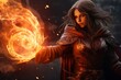 Female Magician who conjures a fireball Sorceress Casting Spell Wallpaper Generative AI