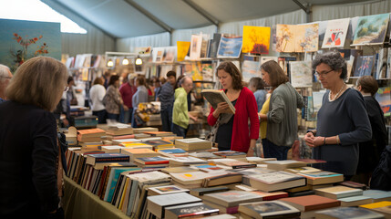 Diverse people reading book while standing at literary arts festival