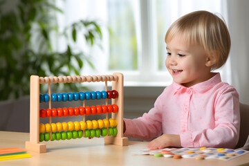 Little child student using a math abacus in a classroom