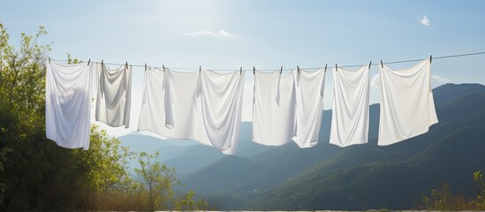 Canvas Print - Sheets drying outside on a scenic backdrop in the sun