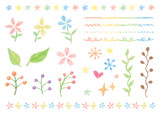 Fototapeta Kwiaty - 水彩風の花や植物とカラフルな飾り線のセット