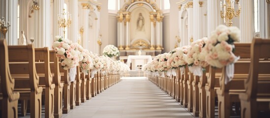 Wall Mural - Elegant chairs and flower arrangements fill a church cathedral wedding