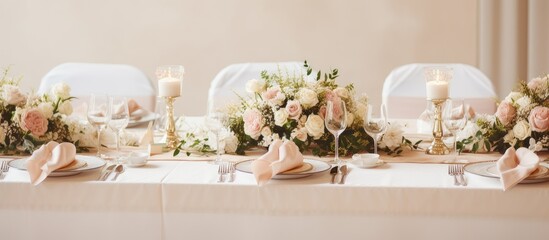 Poster - Elegant table arrangement for a fancy wedding reception adorned with flowers candles and a tablecloth in a festive setting