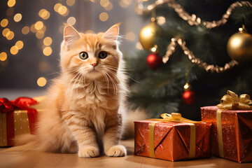 Wall Mural - 
CAT laying next to a christmas tree with gifts  ai generative