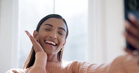 Sticker - Smile, selfie and young woman at her home with positive, good and happy attitude for self love. Wink, happiness and Indian female person taking a picture with cosmetic makeup in modern apartment.