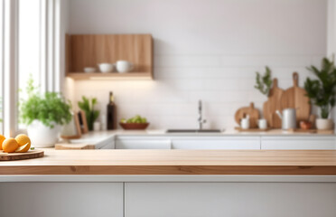 Poster - Wooden light empty table top in modern white kitchen and blurred background